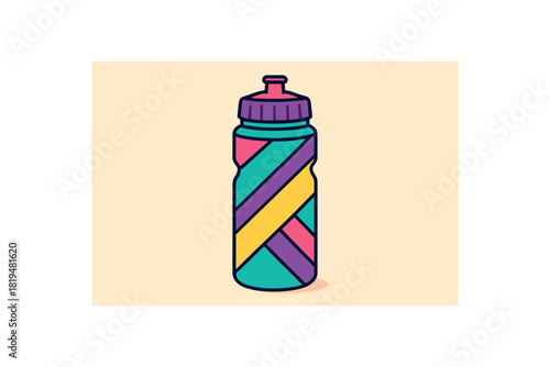 Flat vector illustration of colorful sports water bottle with vivid geometric accents soft outline minimal details bright palette