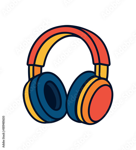 Flat vector illustration of vibrant headphones with thick rounded ear pads bold contrasting elements minimal clean vector style