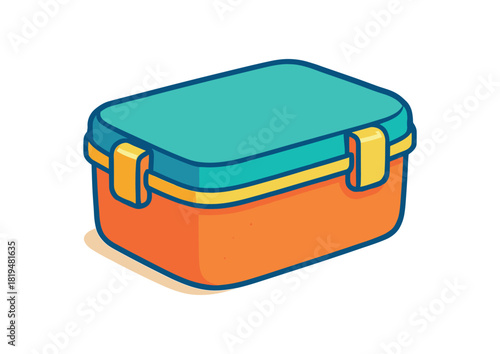 Flat vector illustration of vivid lunchbox with simple clip details bright tones rounded silhouette minimal