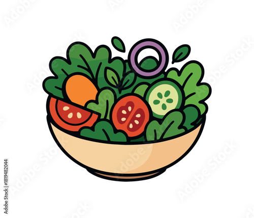 Flat vector illustration of bright bowl of salad with vivid vegetables rounded shapes clean outline