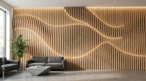 Abstract Parametric Architecture with Wood Panels and Lighting  