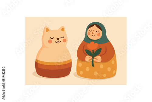 Flat vector illustration 2 cute ceramic figurines with rounded forms colorful palette cozy home decor