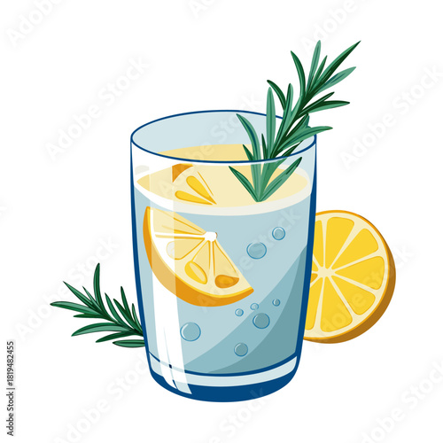 A tall glass of clear liquid with lemon slices and rosemary sprigs, garnished with a lemon slice on the side.