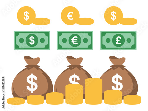 Illustration of money bags coins and bills with different currency symbols