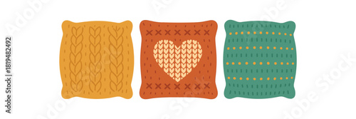 Flat vector illustration cozy knitted cushion covers with simple patterns rounded shapes colorful palette