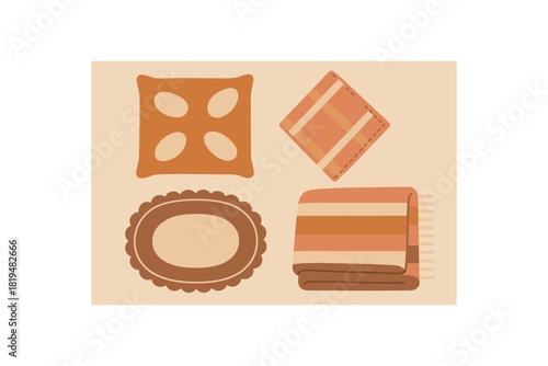 Flat vector illustration 4 cozy textile decor pieces: pillow napkin placemat blanket rounded shapes