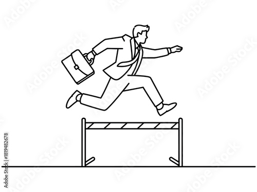 Outline illustration of a businessman jumping over a hurdle with a briefcase