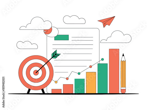 Illustration of target board with arrow and bar graph with paper plane
