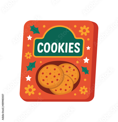 Flat vector illustration of bright cookie box with vivid festive label and small window rounded edges