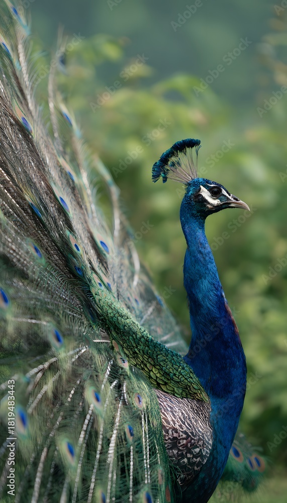 Obraz premium Majestic peacock portrait showcases vibrant feathers and a serene wildlife moment of stunning beauty
