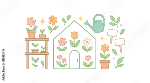 Spring garden flat vector illustration collection of cute blooming icons greenhouse silhouette seedling shelves watering can plant labels (blank) leaves sparkles arranged horizontal