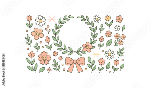 Spring garden flat vector illustration collection of cute blooming icons flower wreath ribbon bow blossoms buds leaves starbursts dots arranged horizontal composition handdrawn outlines