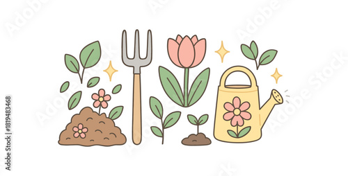 Spring garden flat vector illustration collection of cute blooming icons compost heap pitchfork leaf icons watering can seedling sparkles arranged horizontal composition handdrawn outlines