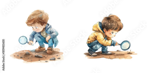 cute student playing with his magnifying watercolor vector illustration