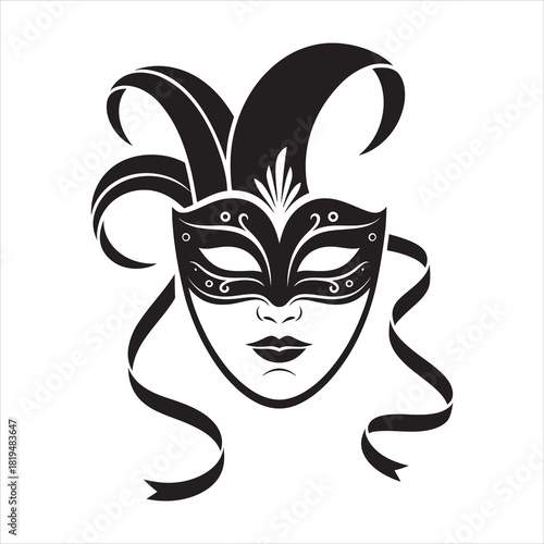 Sophisticated jester mask showcases an elegant face adorned with curled ribbons against a transparent background