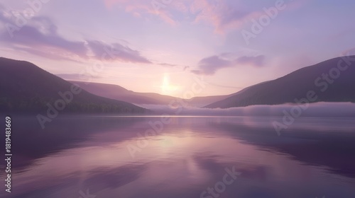 Serene Mountain Lake at Sunrise with Pink and Purple Sky Reflecting Calm Water