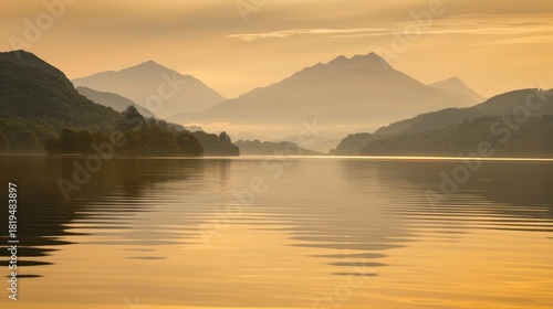 Serene Mountain Lake Landscape During Sunset with Calm Water and Misty Hills