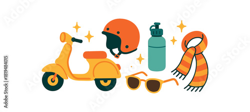 Cozy summer flat vector illustration collection of cute seasonal icons scooter silhouette helmet water bottle sunglasses scarf sparkles arranged horizontal composition handdrawn outlines