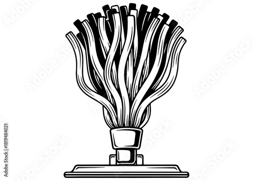 Vector illustration of a cotton string mop head standing upright. Black and white line art sketch of household floor cleaning tool isolated on white background.
