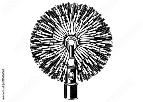 Round microfiber duster head vector illustration. Fluffy chenille cleaning brush attachment for ceiling fans or cobwebs sketch isolated on white background.