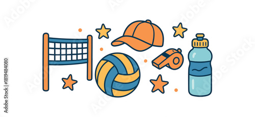 Cozy summer flat vector illustration collection of cute seasonal icons beach volleyball: net ball cap whistle icon water bottle stars arranged horizontal composition handdrawn outlines
