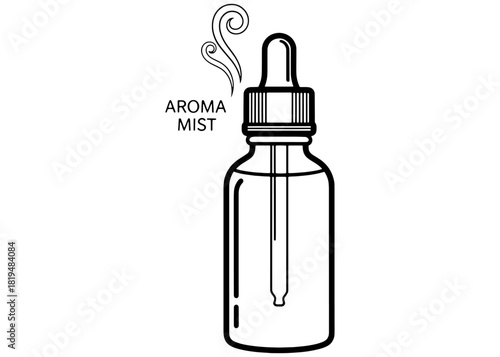 Refillable essential oil glass bottle with dropper vector illustration. Aroma mist serum container sketch with scent swirl icon isolated on white background.