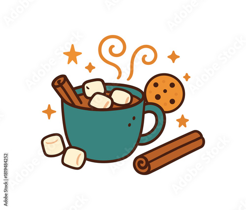Cozy autumn flat vector illustration collection of cute seasonal icons hot cocoa mug marshmallows cinnamon stick cookie steam swirls stars arranged horizontal composition handdrawn outlines