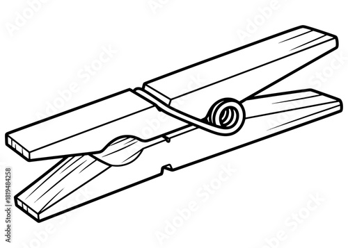 Wooden clothespeg vector illustration. Hand drawn sketch of a laundry clip or clothespin with metal spring isolated on white background.
