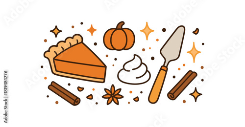 Cozy autumn flat vector illustration collection of cute seasonal icons pumpkin pie slice whipped cream pie server crust crumbs spice icons sparkles arranged horizontal composition handdrawn