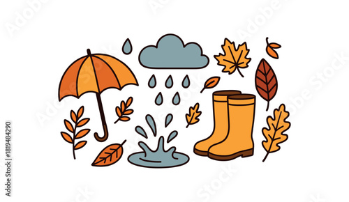 Cozy autumn flat vector illustration collection of cute seasonal icons rain umbrella puddle splash raindrops clouds leaves arranged horizontal composition handdrawn outlines bright color