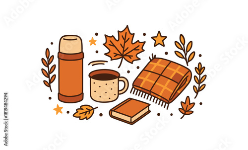 Cozy autumn flat vector illustration collection of cute seasonal icons thermos enamel mug plaid blanket book leaf sprigs stars arranged horizontal composition handdrawn outlines bright