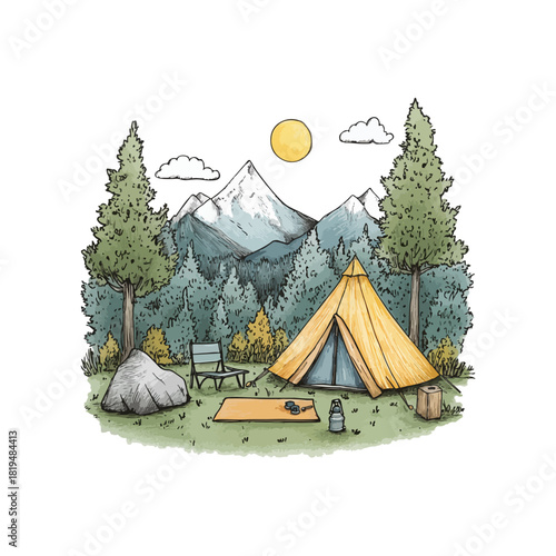 glamping mountain view hand drawn vector illustration