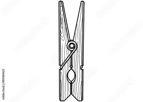 Vertical wooden clothespin with metal spring vector illustration. Hand drawn sketch of a laundry hanging clip isolated on white background.