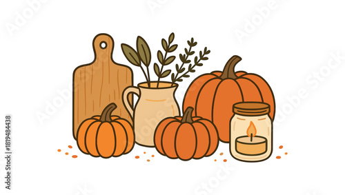 Cozy autumn flat vector illustration collection of cute seasonal icons farmhouse kitchen: cutting board pumpkins herbs jar candle crumbs arranged horizontal composition handdrawn outlines