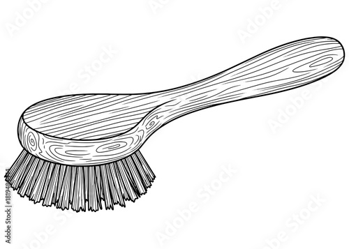 Vector illustration of a wooden cleaning brush with handle. Hand drawn sketch of a kitchen dish scrubber or vegetable brush with bristles isolated on white background.