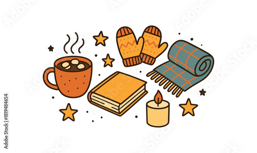 Cozy winter flat vector illustration collection of cute seasonal icons steaming cup of cocoa knitted mittens book blanket candle stars arranged horizontal composition handdrawn outlines