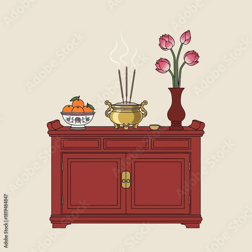 A Red Altar Cabinet with Offerings, Incense, and Flowers Illustration