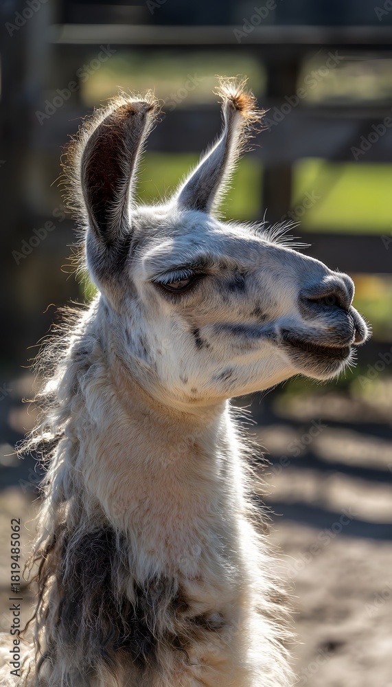 Fototapeta premium Gentle llama portrait basking in warm sunlight a charming farm scene evokes peaceful rural beauty