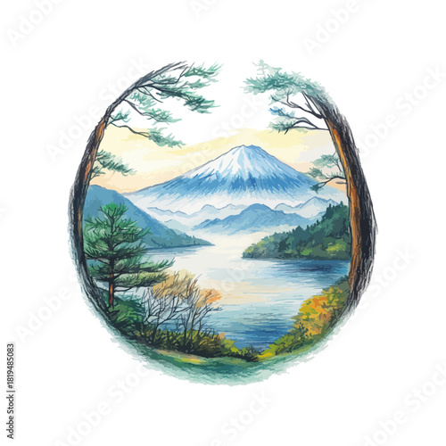 japanese fuji mountain with the view hand drawn vector illustration