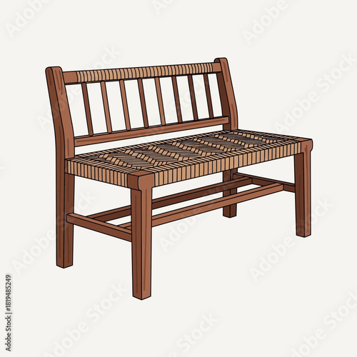 Illustration of a rustic wooden bench with woven seat and backrest support