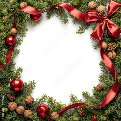 Festive Christmas frame corner of dense fir twigs glossy red ornaments walnut accents and a refined crimson silk ribbon on pristine white