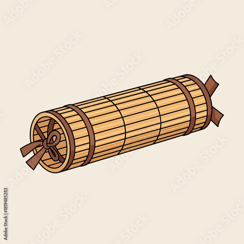 Illustration of a rolled up sushi mat bound with brown ribbons isolated