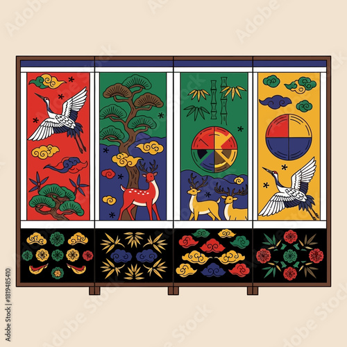 Intricate traditional korean minhwa screen featuring nature and symbolism