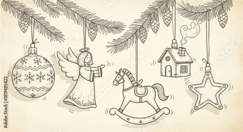 Festive hand-drawn Christmas ornaments hanging from pine branches bring nostalgic holiday cheer, perfect for cards, crafts, and seasonal promotions