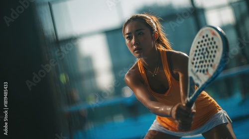 An athletic Asian female padel player.