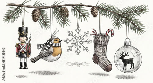 Charming Christmas ornaments like a toy soldier and robin hanging on a pine branch bring a cozy and festive holiday spirit, perfect for seasonal designs