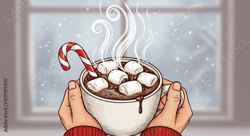 Cozy winter scene with steaming hot chocolate, marshmallows, and candy cane, perfect for Christmas promotions or seasonal designs with a touch of warmth