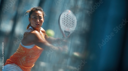 An athletic Asian female padel player.