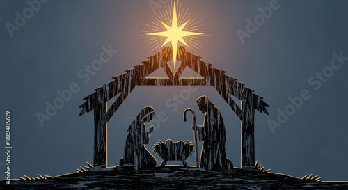Elegant Nativity Scene Silhouette with Shining Star for Christmas Celebration and Holiday Greetings, Evoking Peace, Hope, and Joy This Season