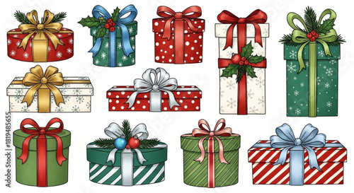 Delightful assortment of festive Christmas presents tied with elegant bows, creating a joyful holiday spirit with traditional colors and playful designs